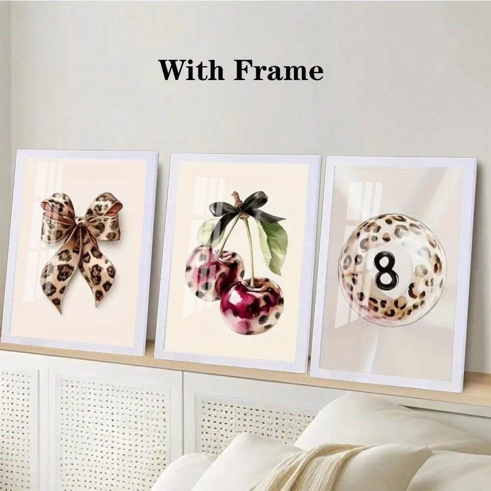 3-Piece Optional Wooden Frame Teen Fashion Leopard Print Bow Cherry 8 Ball Poster High Precision Color Print Moisture-proof Flat Surface Anti-fade Clear Details Apartment Bedroom Living Room Decor