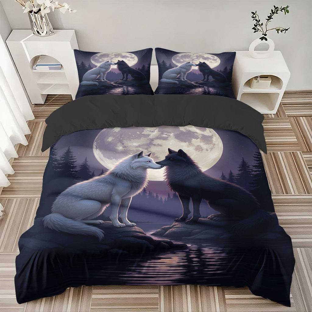 2/3 Pcs Wolf Shadow Theme Pattern Bedding Decorative Duvet Cover Set Under Moonlit Night (1* Duvet Cover +1/2* Pillowcase, Core-free), Machine Washable, Zipper Seal, Multiple Sizes Suitable For All Seasons, Suitable For Bedrooms,guest Rooms