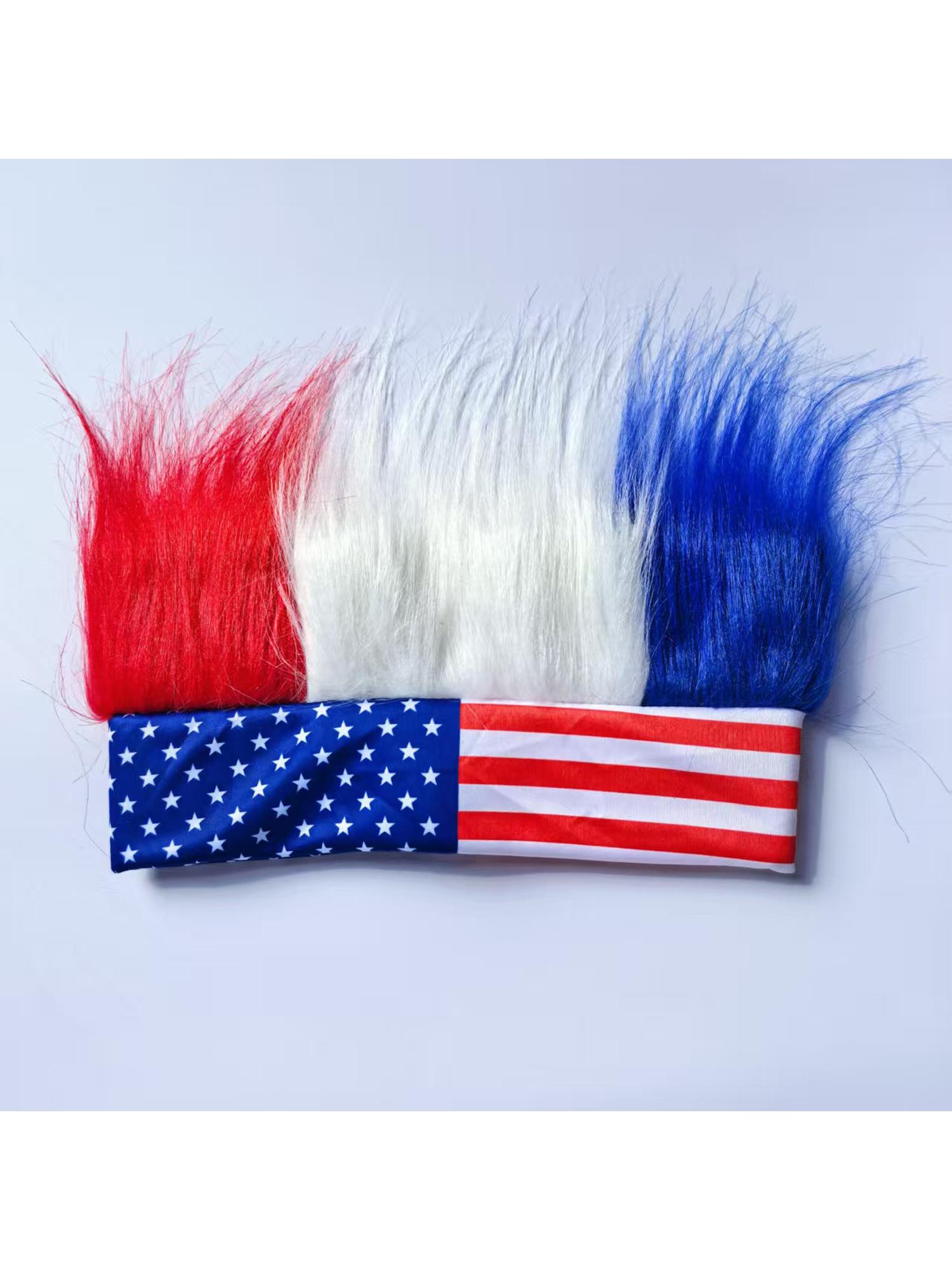 American Flag Fan Wig Hat Headband Independence Day Party Cheerleader Accessory, Patriotic Usa Hair Curl Straight Design, All Seasons Wear