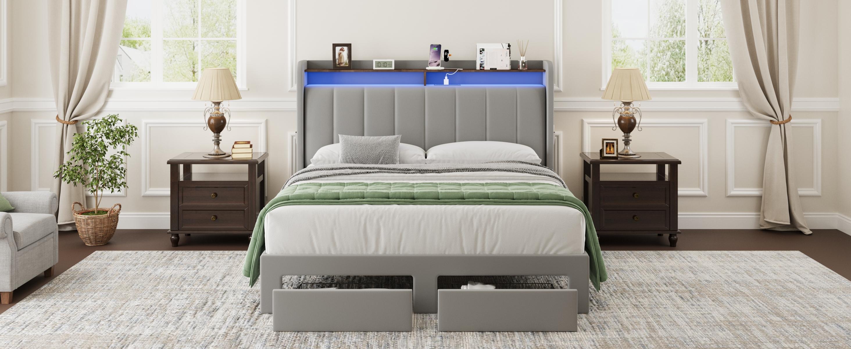 MUTICOR Upholstered Bed Frame with LED Shelf Headboard & 2 Drawers, Linen or Velvet Fabric, Smart Outlets,Full/King/Queen Bed Frame, No Box Spring Needed#TikTokShopBlackFriday #ChristmasGifts