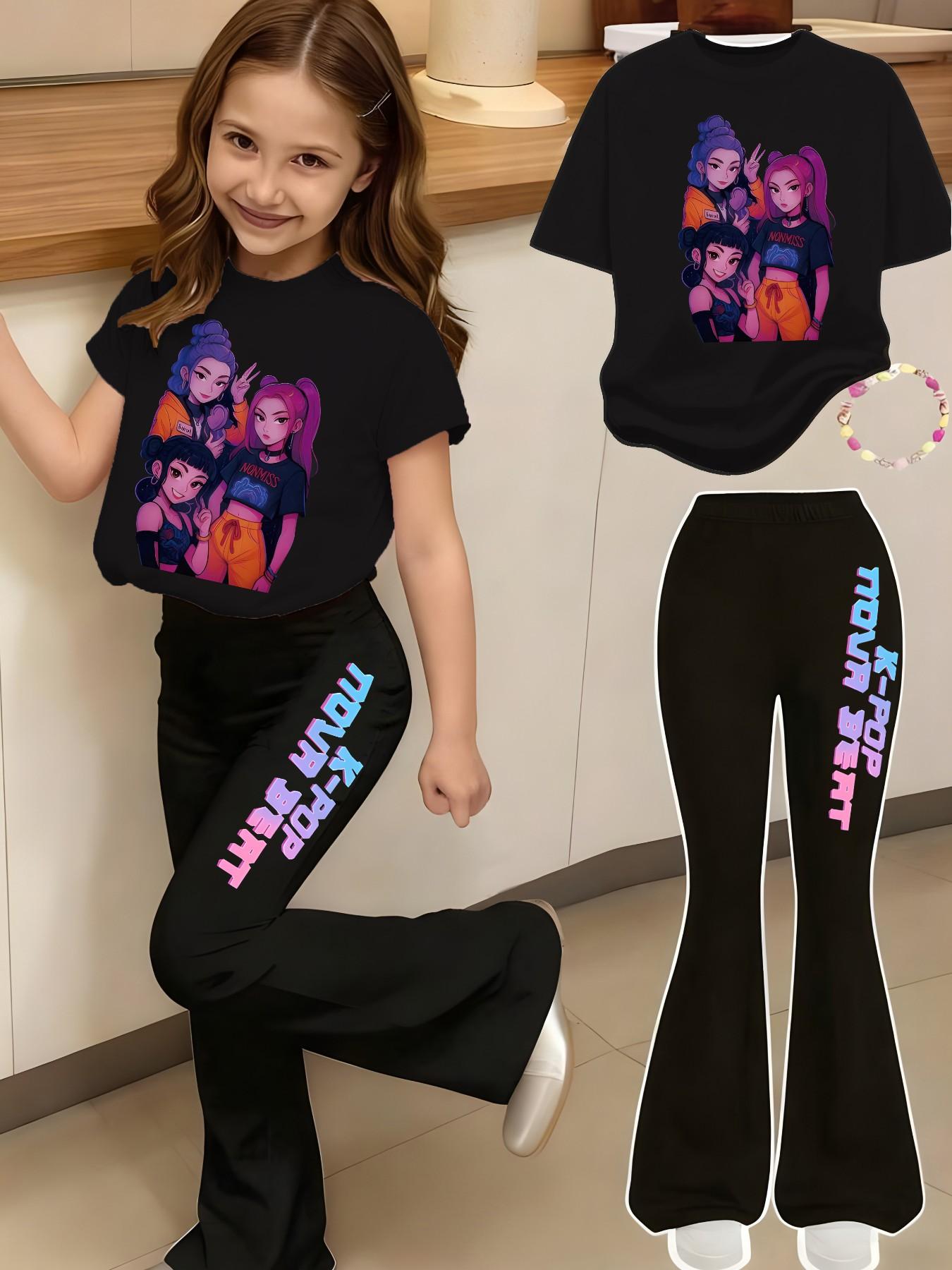 Girls' Kpop Print 2-Piece Set, Casual Sporty Short Sleeve Top & Bell Bottom Pants, Comfortable Elastic Waist, Spring Summer