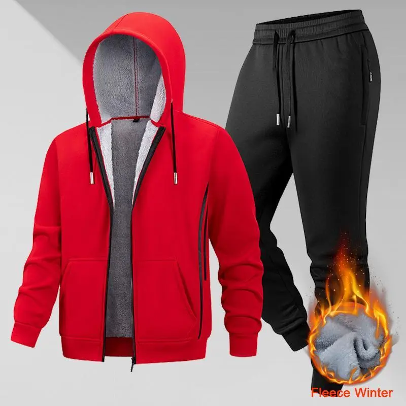 Men’s winter two-piece fleece casual set, zip-up hooded jacket + drawstring sweatpants; comfortable, practical men’s set with thick fleece lining for warmth; loose fit suitable for everyday wear at home, walking, commuting, and sports.