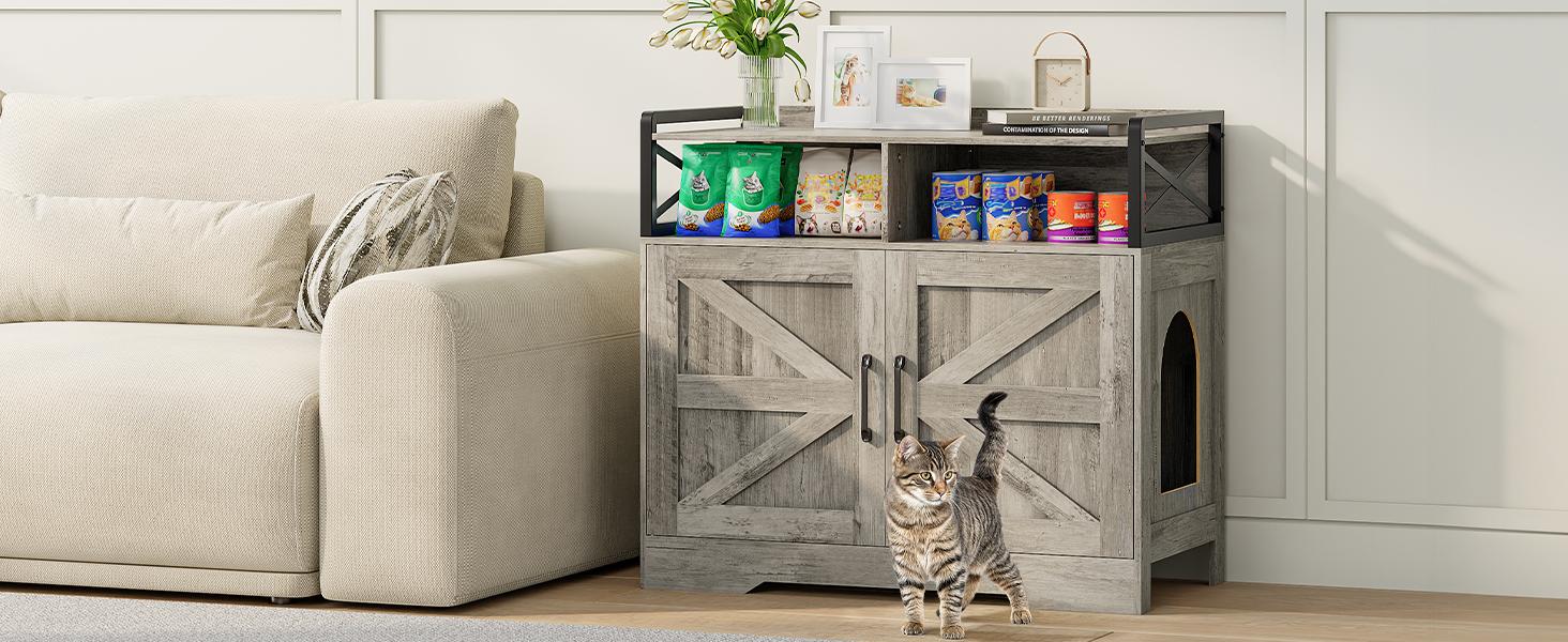 Litter Box Enclosure for 2 Cats, Hidden Litter Box Furniture with Double Rooms, Cat Bed, PVC Pad and Scratch Pad, Grey