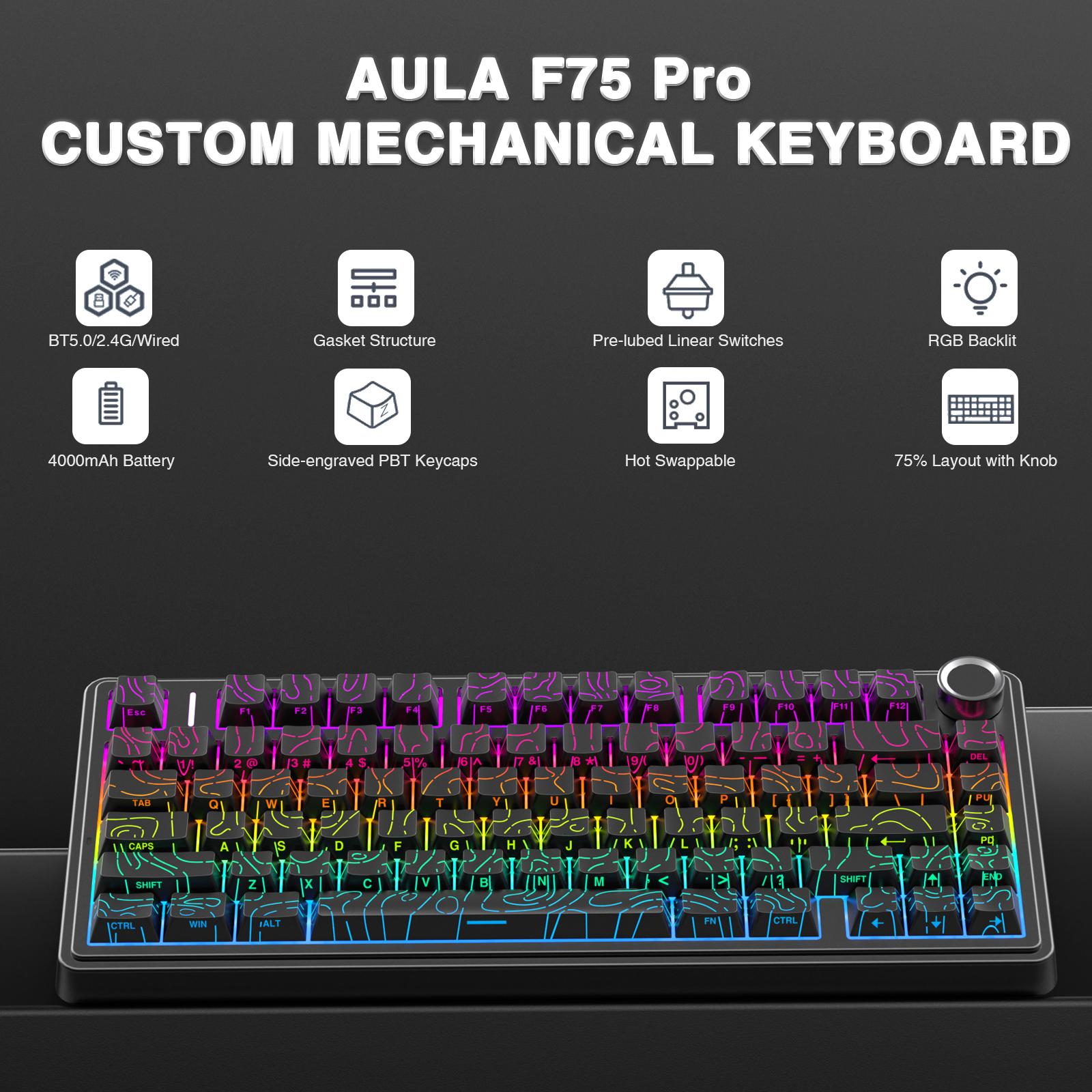 [New Coulor]AULA F75 Pro Wireless Mechanical Gaming Keyboard,75% Gasket Hot Swappable Custom Keyboard,RGB Backlit,Pre-lubed Reaper Switches,Side Printed PBT Keycaps,2.4GHz/USB-C/BT5.0 PC Accessories Office Creamy Budget Keyboards TikTokShopfalldealsforyou