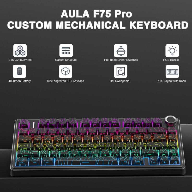 [New Coulor]AULA F75 Pro Wireless Mechanical Gaming Keyboard,75% Gasket Hot Swappable Custom Keyboard,RGB Backlit,Pre-lubed Reaper Switches,Side Printed PBT Keycaps,2.4GHz/USB-C/BT5.0 PC Accessories Office Creamy Budget Keyboards TikTokShopfalldealsforyou
