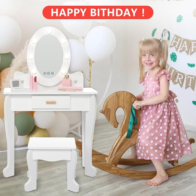 Kids' Vanity Set with Mirror and Light, Makeup Table and Stool for Girls, Vanity Table and Chair Set with Wood Makeup Playset for 4-9 Girls
