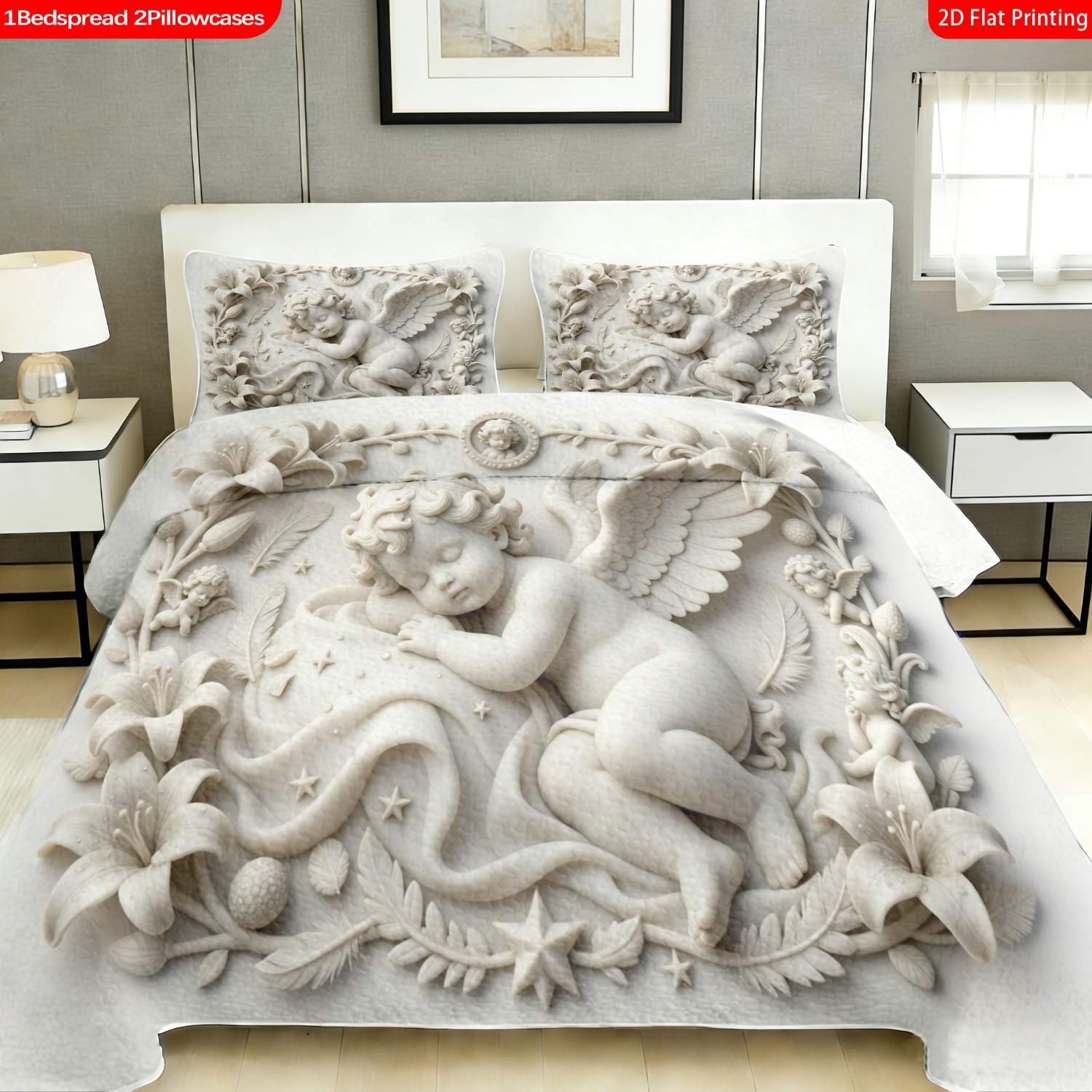 3 pcs, 2D flat print Angelic Relief Art bed cover set, Cherub & Floral Theme, multiple sizes available, bedding set, festive decorative bedding, ideal for bedroom decor(1 bedspread , 2 pillowcases)