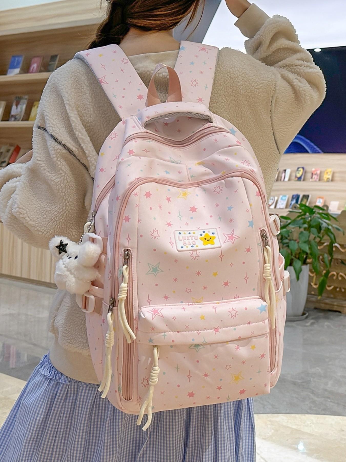 2026 New Cute Waterproof Fashion Star Pattern Backpack, High School Student Book Bag, Large Capacity Dual Shoulder Bag with Charm