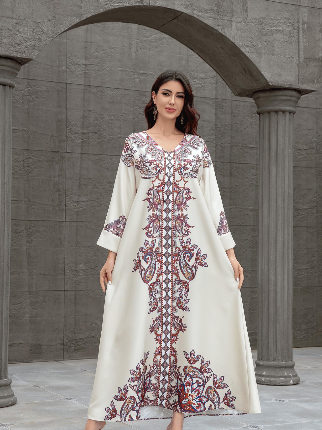 Muslim Women's Elegant Abaya Dress, Long Robe with Printing and Beads, Dubai Export Fashion, Stylish Muslim Clothing