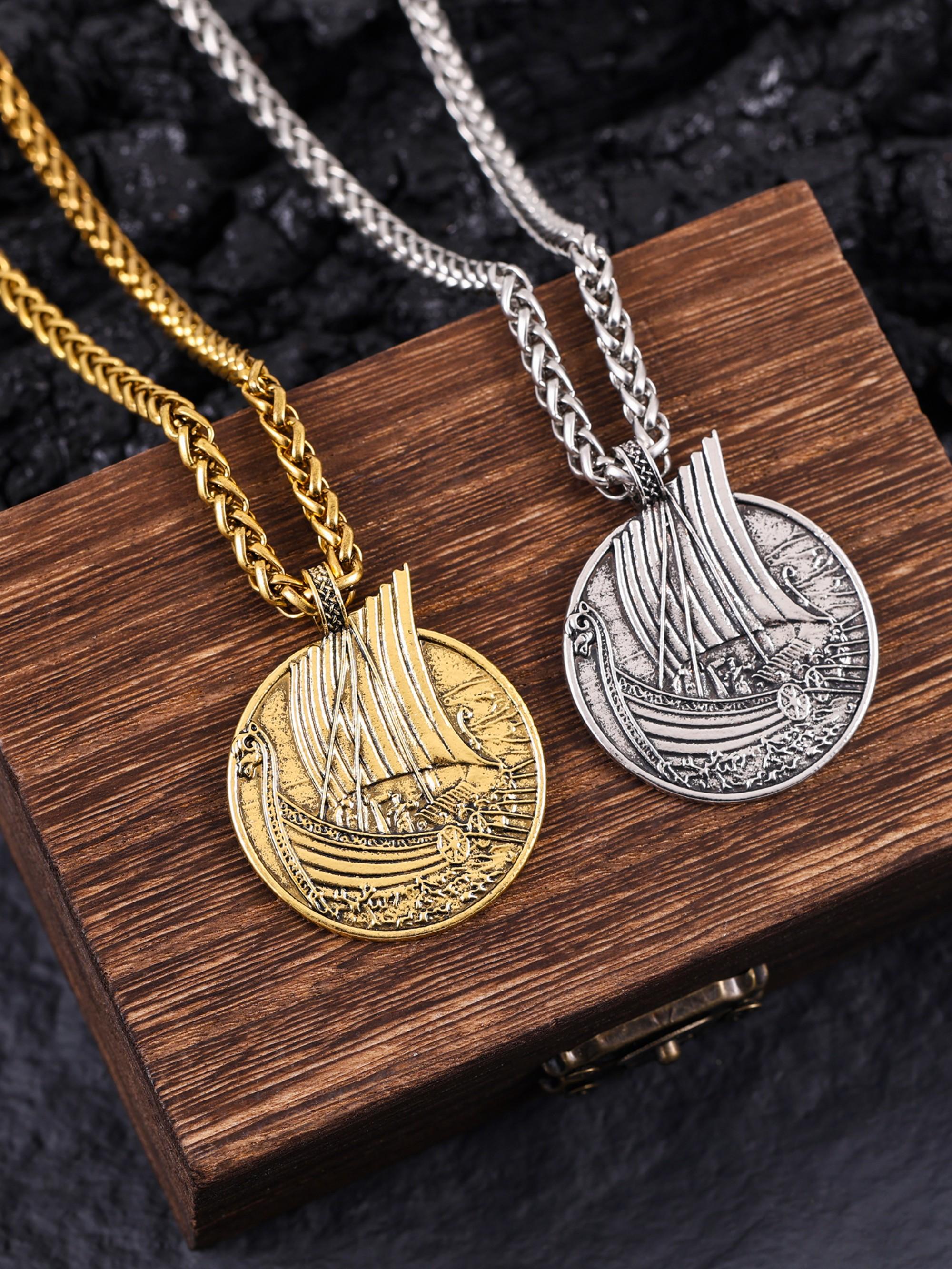 Nordic Viking Pirate Ship Necklace for Men, Retro Hip Hop Pendant Sailor Chain, Round Coin Shape + Pirate Ship Relief Texture, Versatile Fashion Accessory