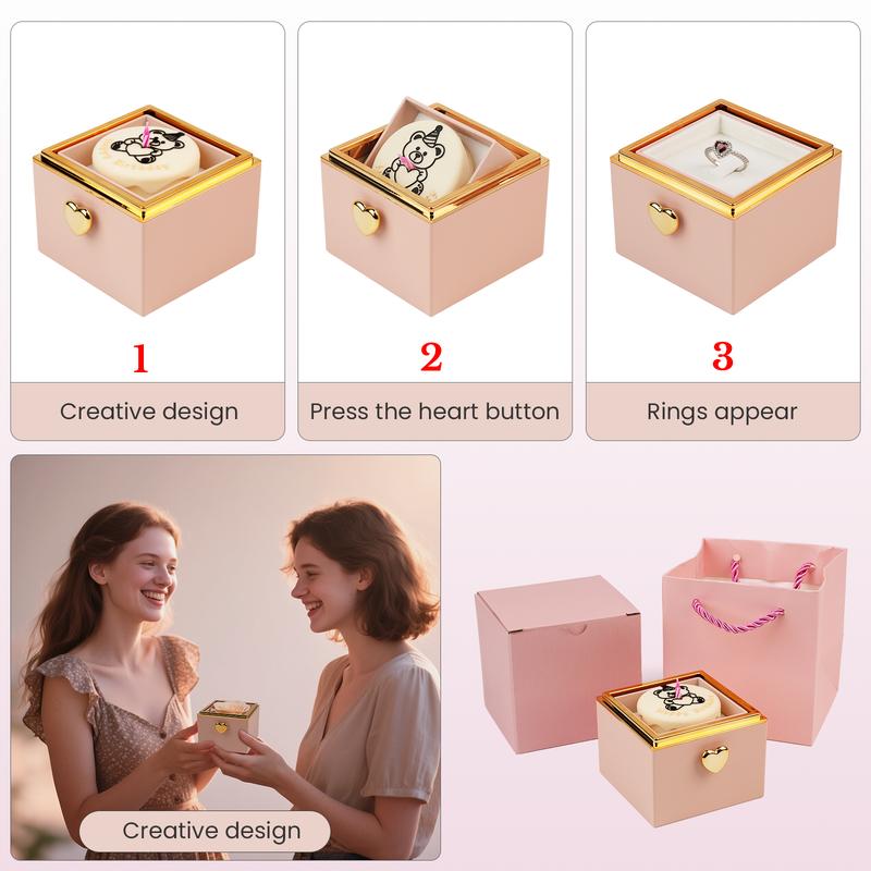 【With Ring】Mountova Red Rose Box with Automatic Flip Jewelry Holder White Ring,Pink Cake Surprise Set for Girlfriend Mom Anniversary Present Ideal for Special Occasions