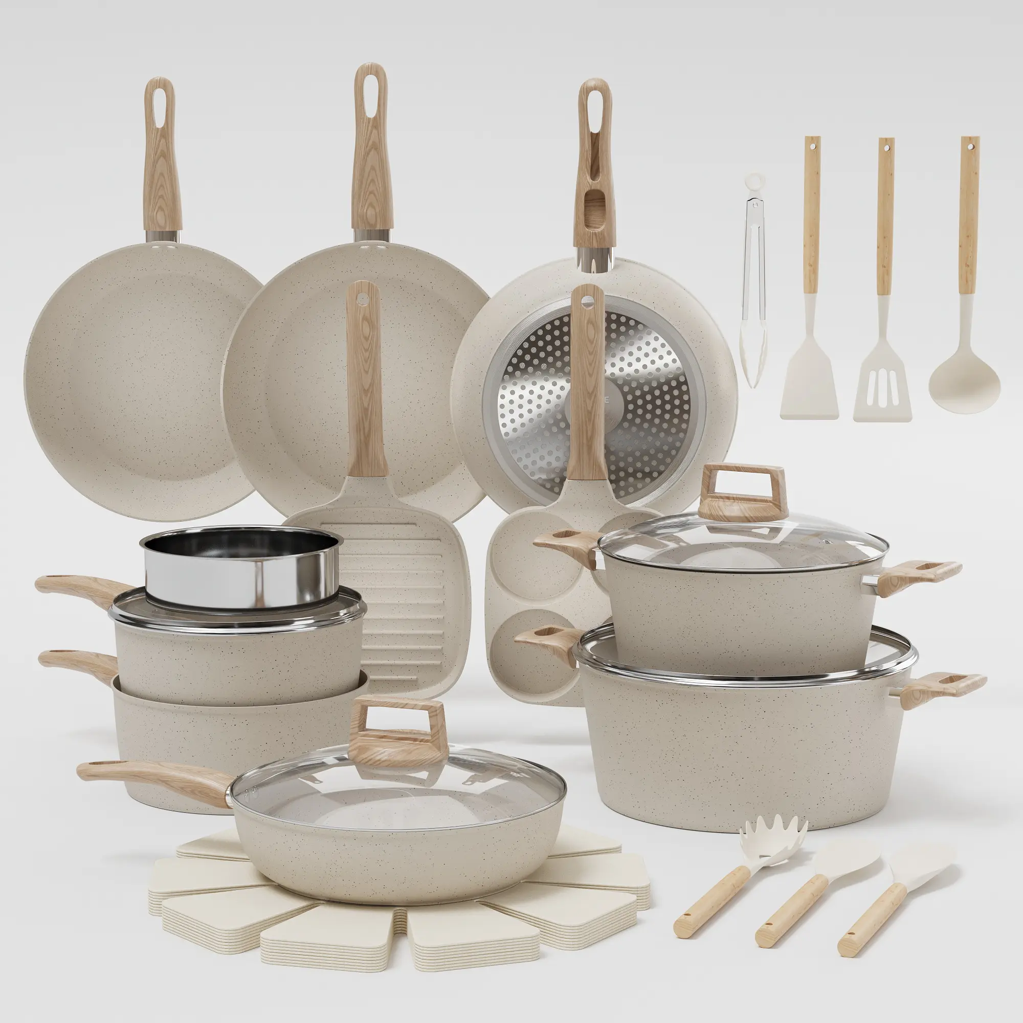Hosslly Multi-Size 31-Piece Nonstick Ceramic Pots and Pans Set for Induction - Glass Lids, Frying Pans, Saucepans, Stockpot, Steamer, Heat-Resistant Handles & Utensils - White/Black