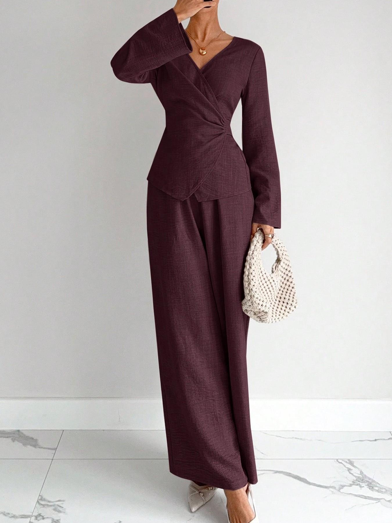 Elegant Women's 2-Piece Set Suits, Plain Color Layered Neck Crop Shirt with Bell Sleeve, Long Pants, Fall Winter for Parties
