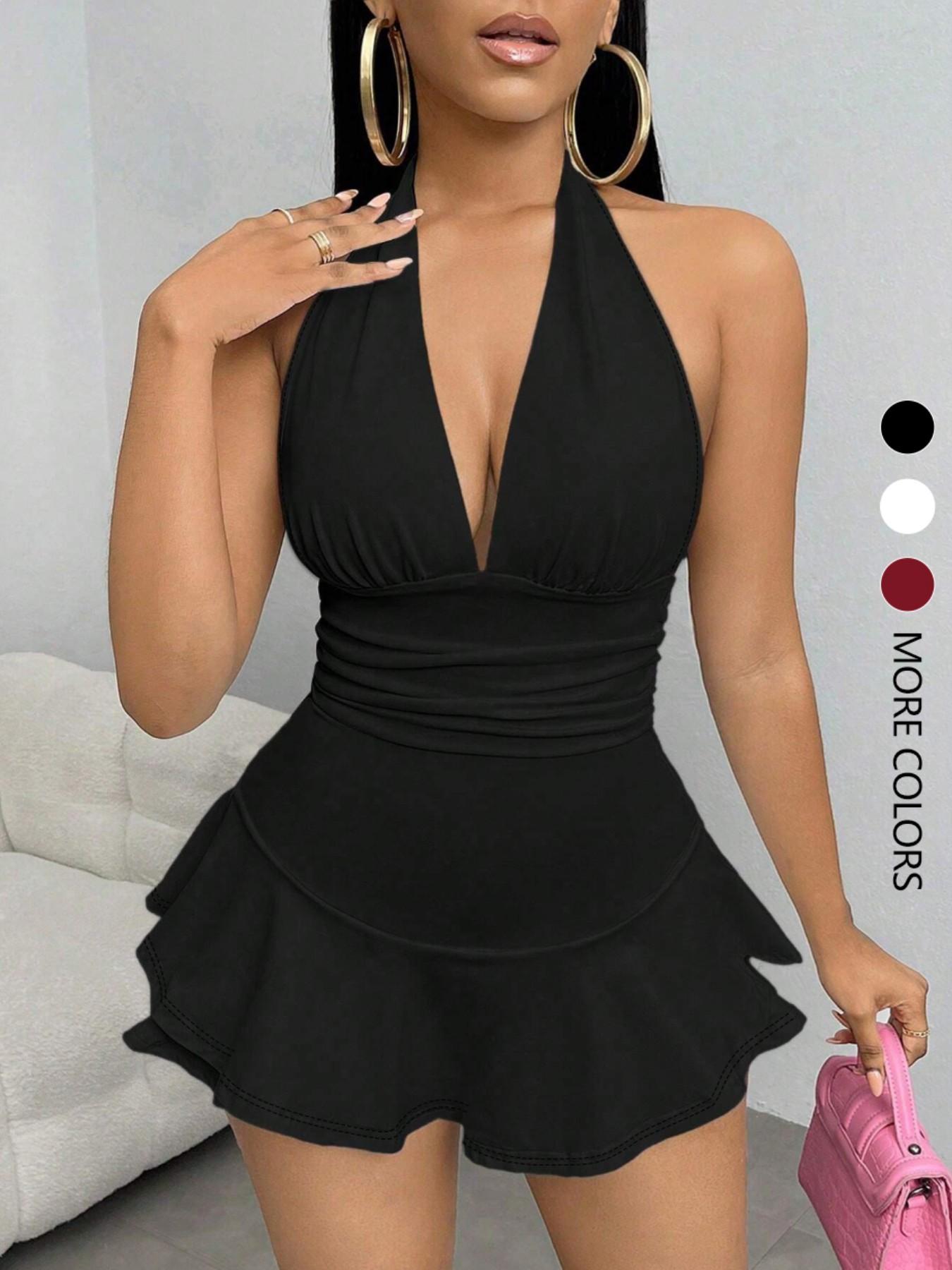 Women's Simple Solid Backless Halter One-Piece Romper, Ruffle Hem, Sleeveless, Casual Summer, Fashionable and Comfortable