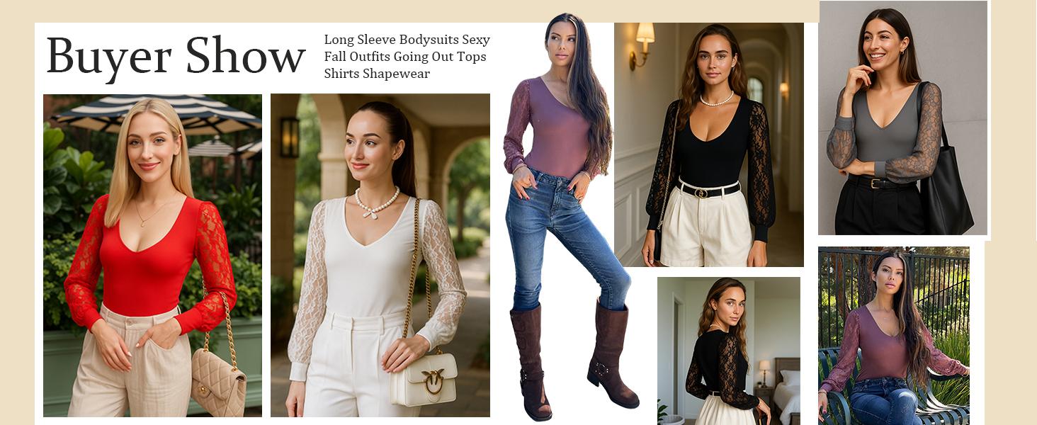 Avidlove Womens Long Sleeve Bodysuit Double Lined V Neck Lace Puff Sleeves Going Out Top Shirts Thong Leotard Body Suit
