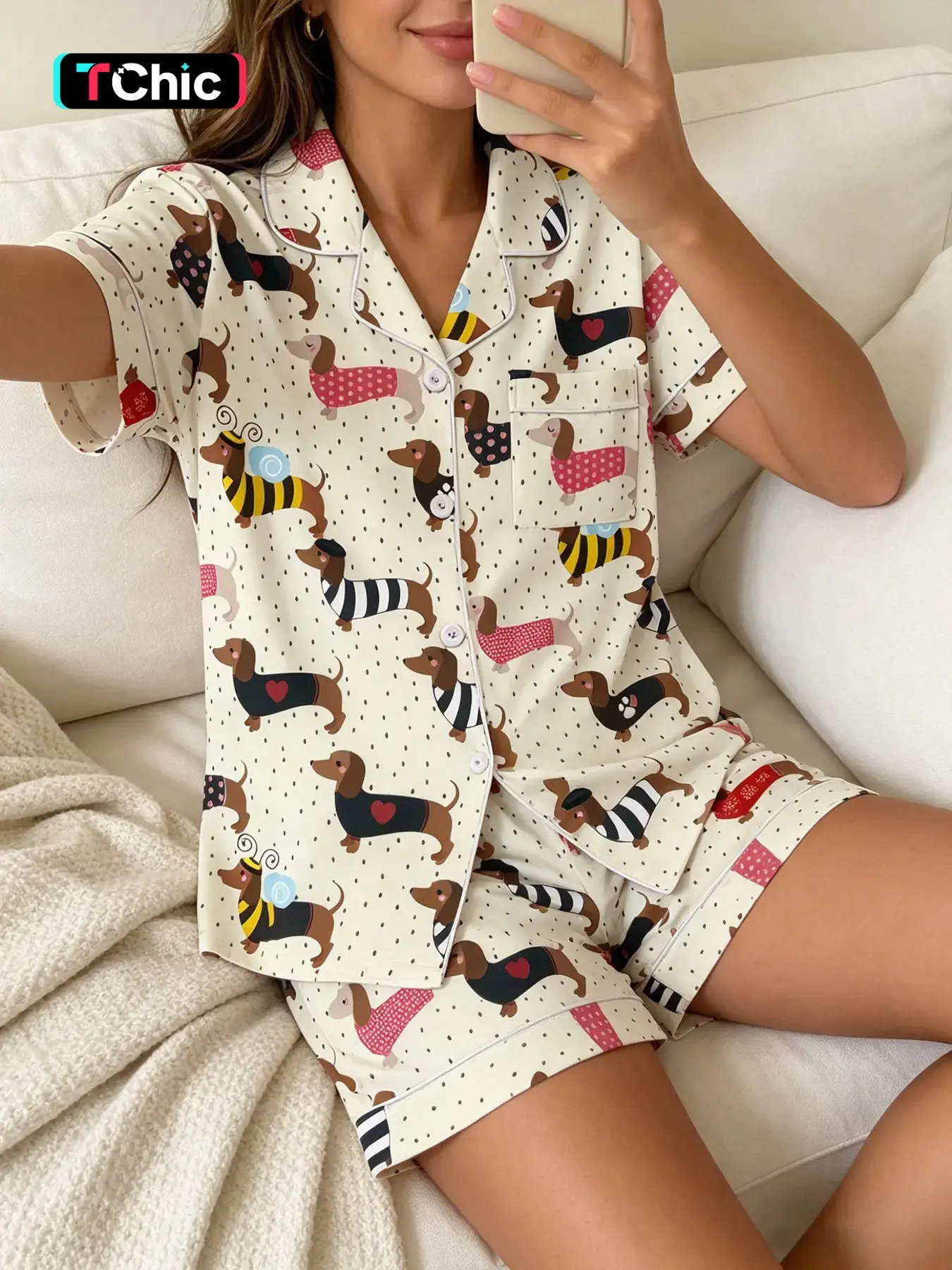 Women's Short Sleeve Button Down Top and Shorts Pajama Set, Loungewear, Spring Summer Wear, For Dachshund Lovers, Cream Base Costume Dachshund Polka Dot Print, Classic Lapel Collar, Loose Fit, Comfortable For Home & Pet Time, Nightwear Outfit