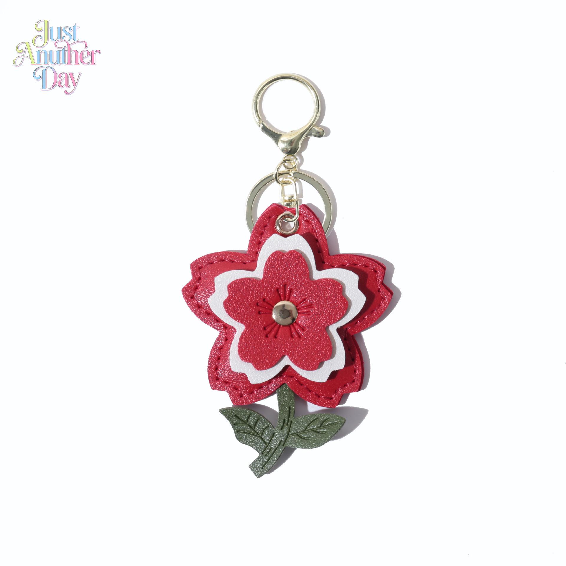 Handmade Stitched PU Leather Sakura Keychain, Creative Cherry Blossom Bag Charm, Cute Floral Accessory & Small Gift for Women