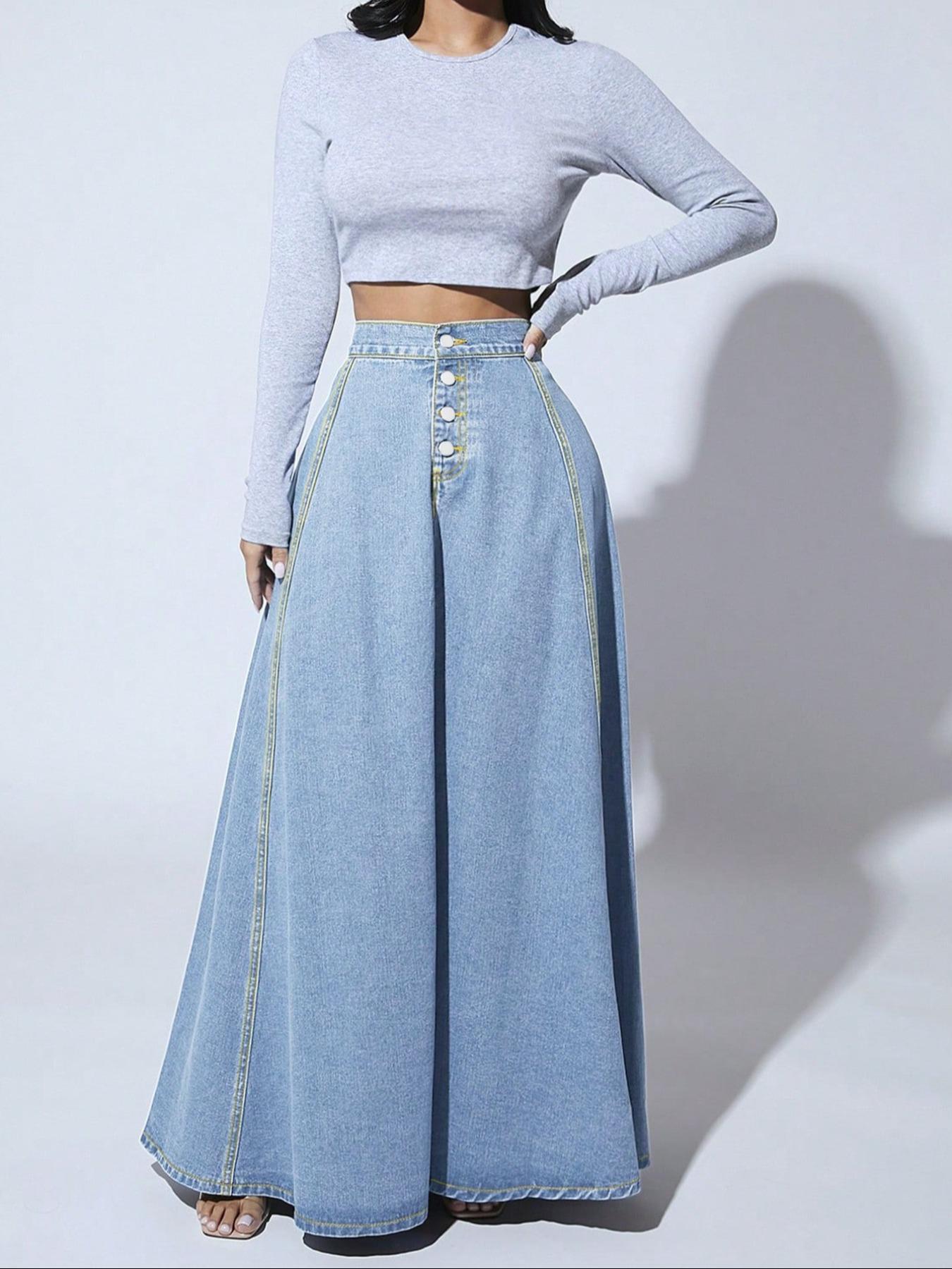 Women's Fashion Casual Washed Long Denim Button Skirt, Stylish High Waist A-Line Skirt for Daily Wear, Comfortable and Trendy Design