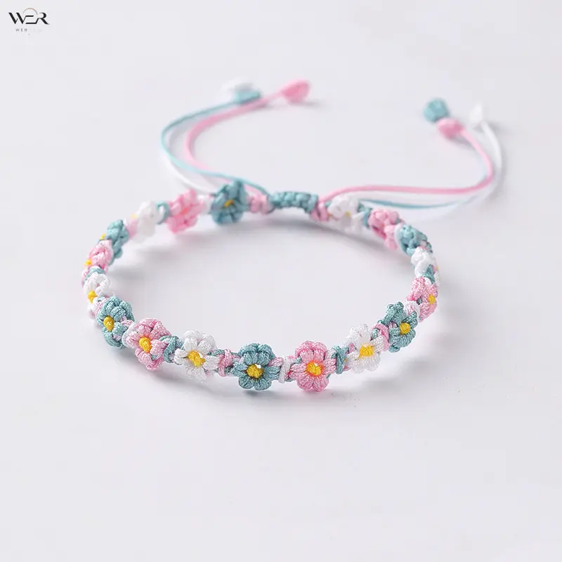 Daisy & Peach Blossom Braided String Bracelet, Handmade Colorful Flower Dopamine Bangle, Sweet Finished Wristband, Best Friend Friendship Gift for Girls,sohochic