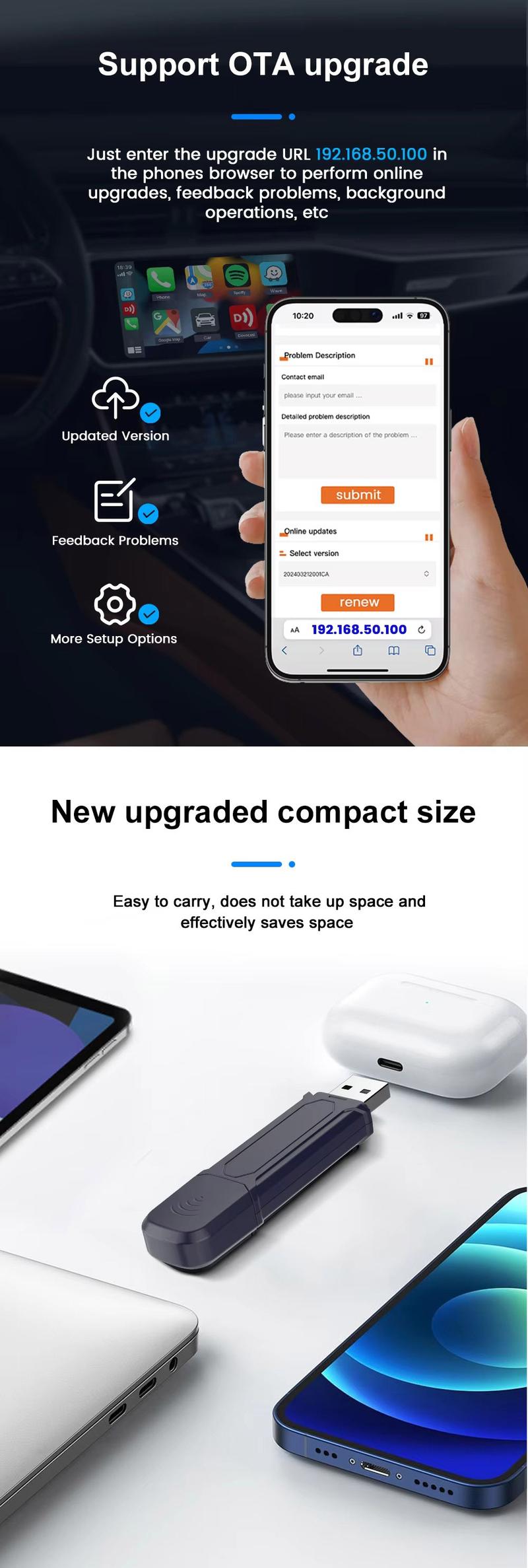 Wired to Wireless Carplay Adapter for Android Auto USB Connection, Seamless Car Integration for Modern Vehicles
