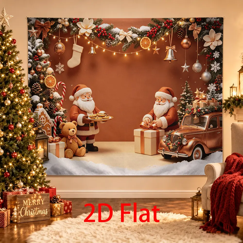 Christmas Santa Backdrop, Gingerbread Teddy Bear Vintage Car Gifts Cookies Holiday Photo Background