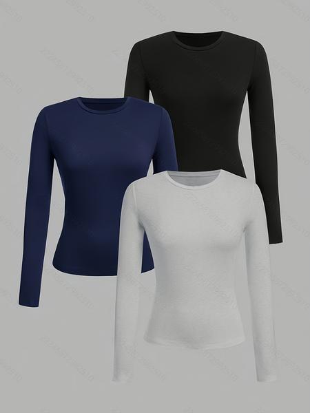 Women's Casual Slim-Fit Long Sleeve Round Neck Tops, 3-Pack Plain Solid Color Shirts for Fall & Winter, Versatile Daily Wear