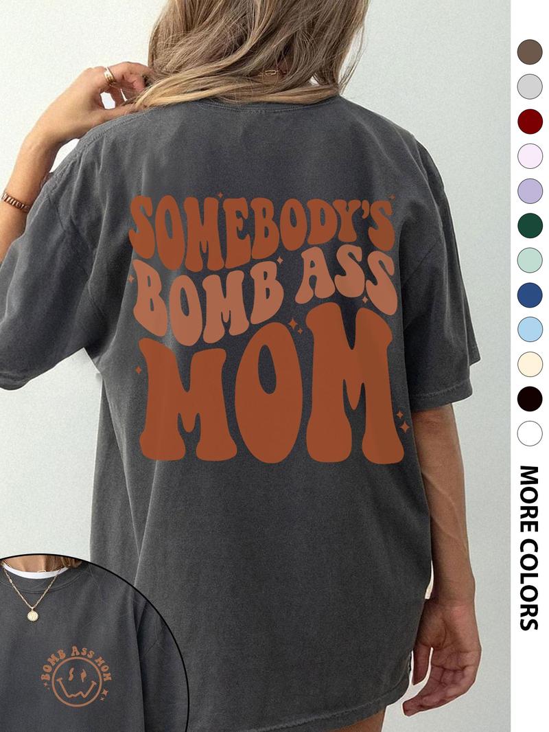 Women's Letter & Cartoon Face Print Drop Shoulder Tee, Casual Half Sleeve Round Neck T-Shirt for Daily Wear, Ladies Clothes for All Seasons