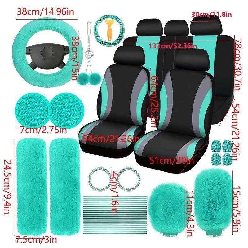 45pcs Car Seat Covers & Interior Accessories Set: Thin Polyester Five-Seat Car Seat Covers, Plush Steering Wheel Cover, Shoulder Pads, Gear Shift Knob Cover, Rearview Mirror Ornaments, Cup Pads, Tire Valve Caps, Stitching Trim Strips.