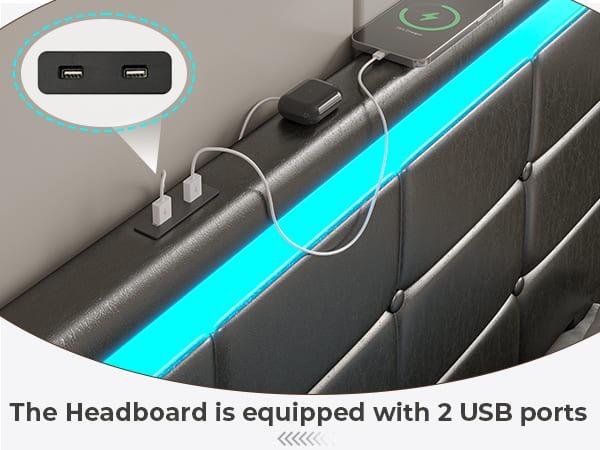 Sikaic 4 Storage Drawers LED Bed Frame With Leather Platform Adjustable Headboard Storage Drawers And Charging Station Black Bedroom Set Unique