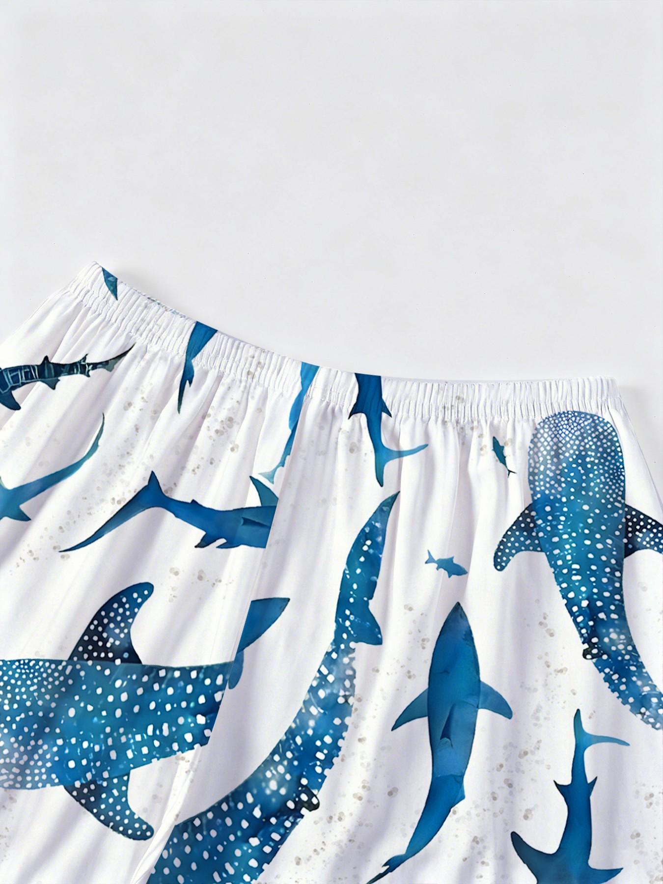 Women's Shark Print Pajama Set, Short Sleeve Button-Up Top and Elastic Shorts, Casual All-Season Sleepwear, Comfortable Home