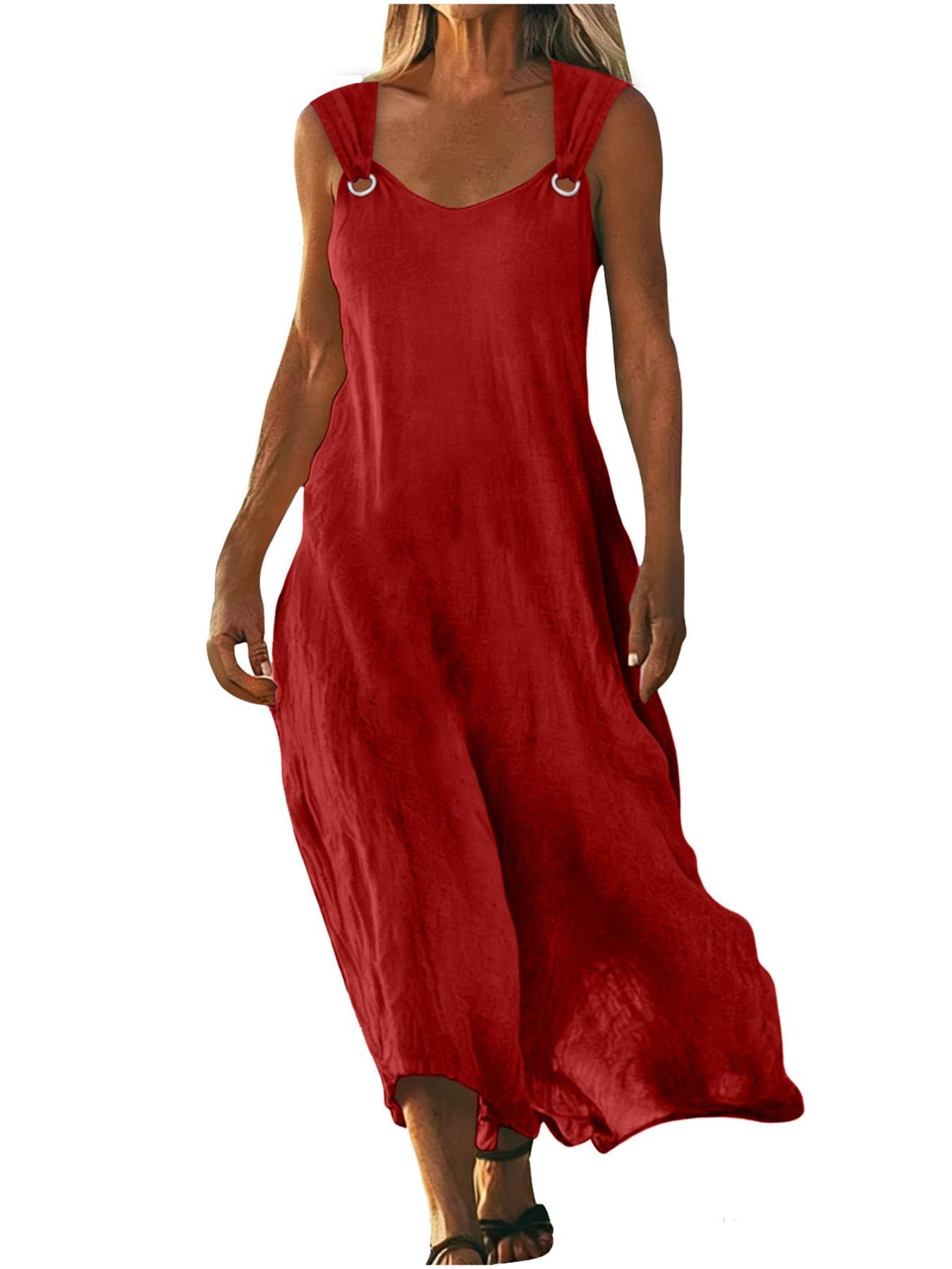2026 Women's Dress, Everyday Casual Summer Wear, Womenswear, Elegant Aesthetic V-Neck Design, Metallic Button Detailing, Breathable Lightweight Cotton-Linen Fabric, Sleeveless, Minimalist Style