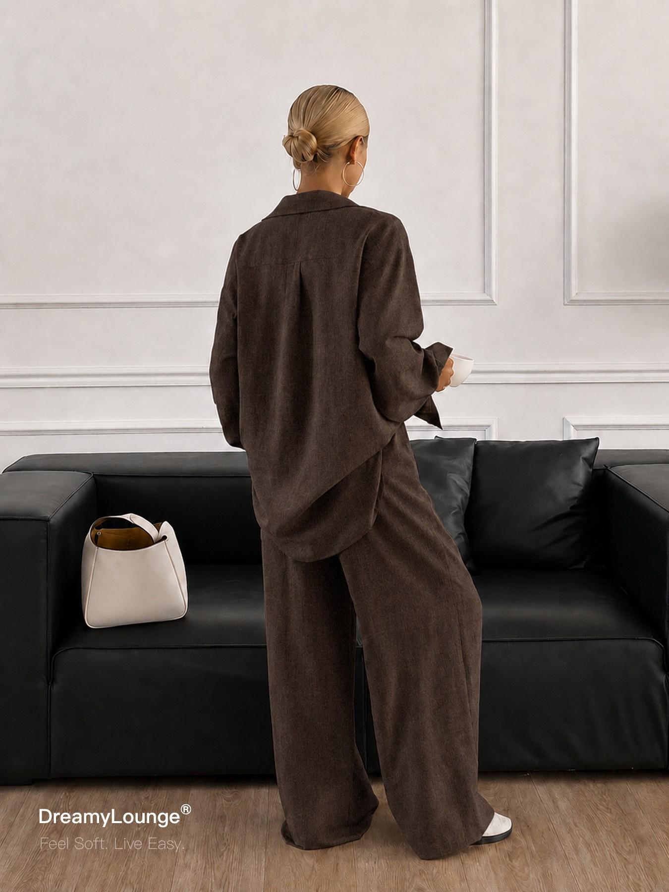 2-Piece Set DreamyLounge Women's Textured Linen-Look Loungewear Set, Oversized Button Down Shirt and Wide Leg Pants Matching Set for Travel, Coffee Run and Everyday Wear