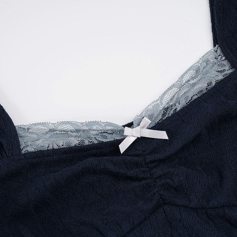 Vintage Square Neck Slim Fit Lace Patchwork Knit Long Sleeve Top, Sweet Ruched Bow Cute Spring Shirt, College Style Y2K Aesthetic Tee