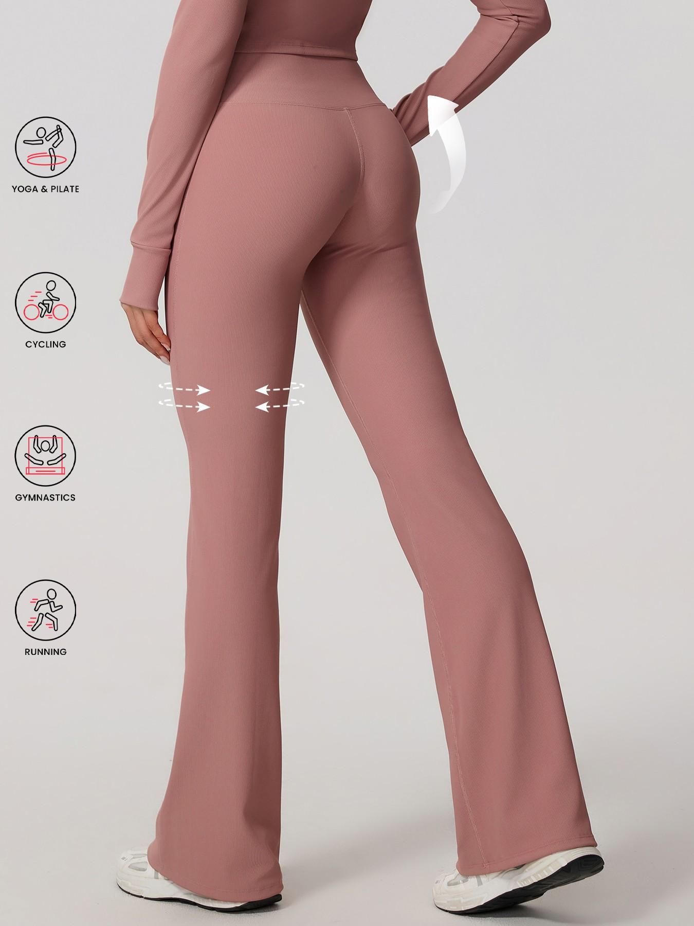 Women’s High Waist Ribbed Flare Yoga Pants, Soft Slim-Fitting Tummy Control Plain Leggings, Stylish Sporty Design with Cross Front Details