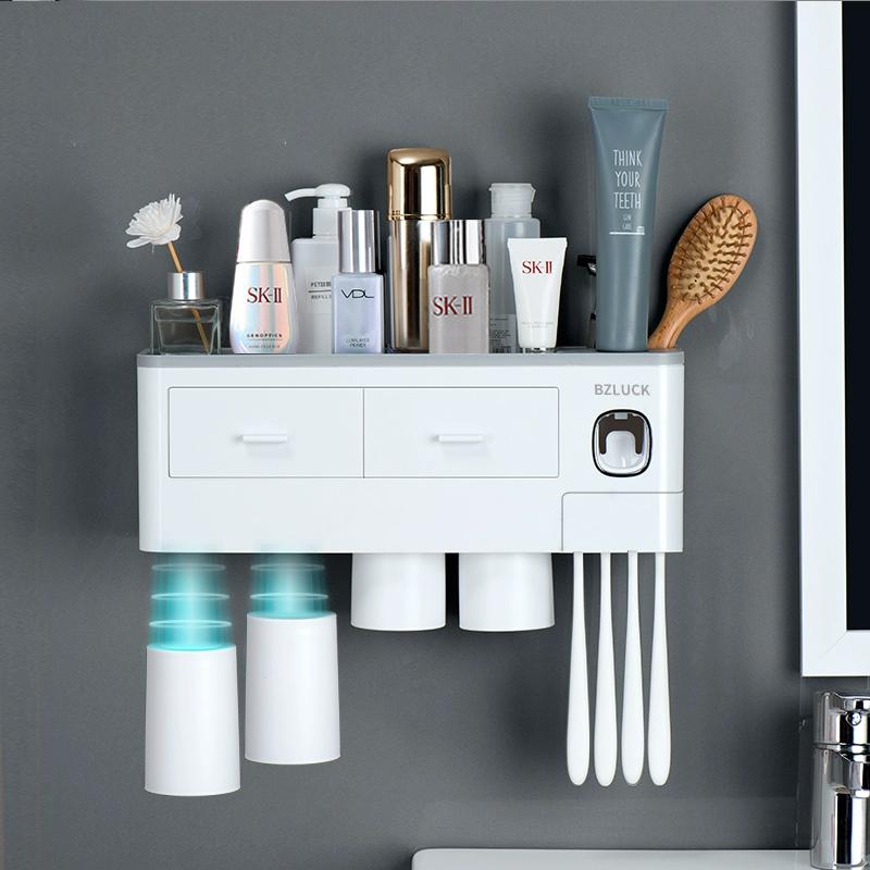 2-4 Cup Toothbrush Holders for Bathrooms - Wall Mounted with Toothpaste Dispenser - CosmeticDrawe, Large Capacity Tray & Bathroom Accessories Bottles Home Goods Organizer Organizing