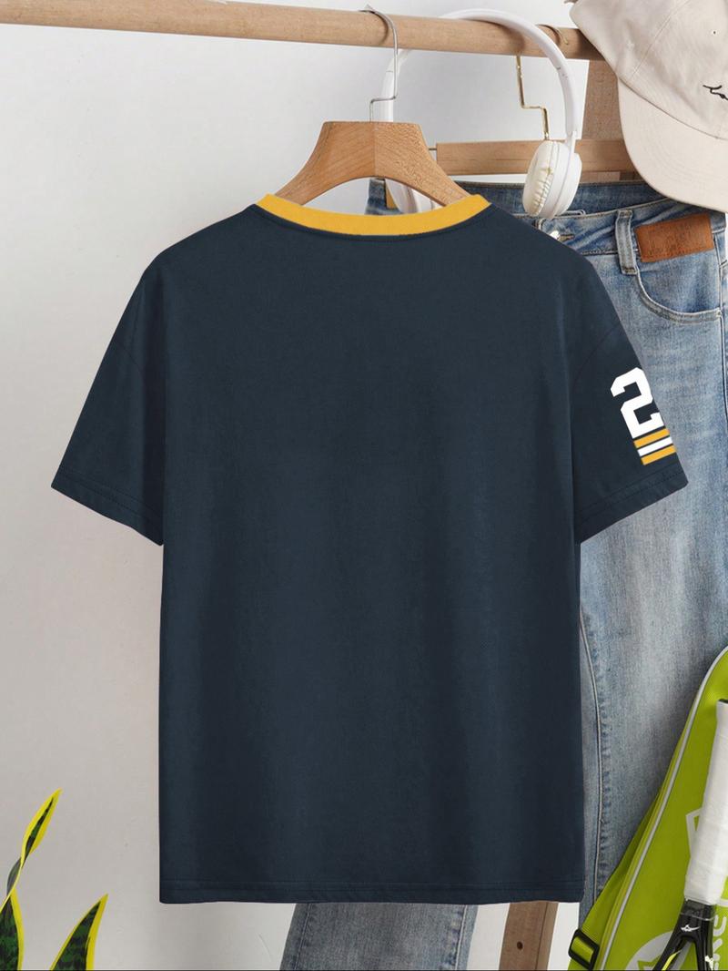 Women's Number Print V Neck Tee, Casual Fitted Short Sleeve T-shirt for Summer, Women's Top for Daily Wear