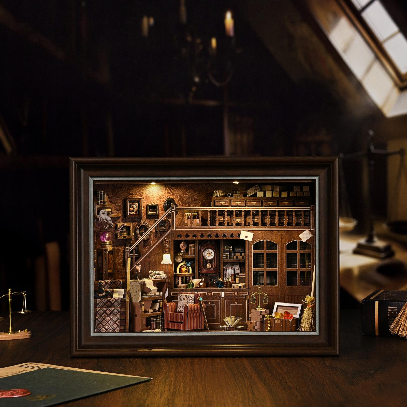 Book Nook Kit Secret Attic DIY 3D Wooden Puzzle, Bookshelf Insert Dollhouse Model, Bookend Building, Home Decoration, Photo Frame