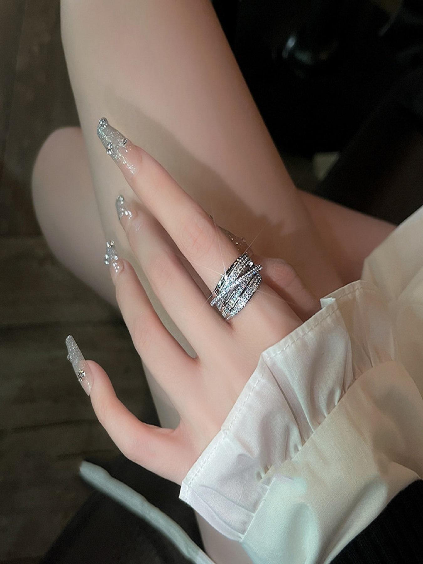 Luxury S925 Sterling Silver Multi-Layer Zircon Ring - Sparkling Crossover Design Statement Jewelry for Women, Ideal for Party & Daily Wear, Fashion Gift