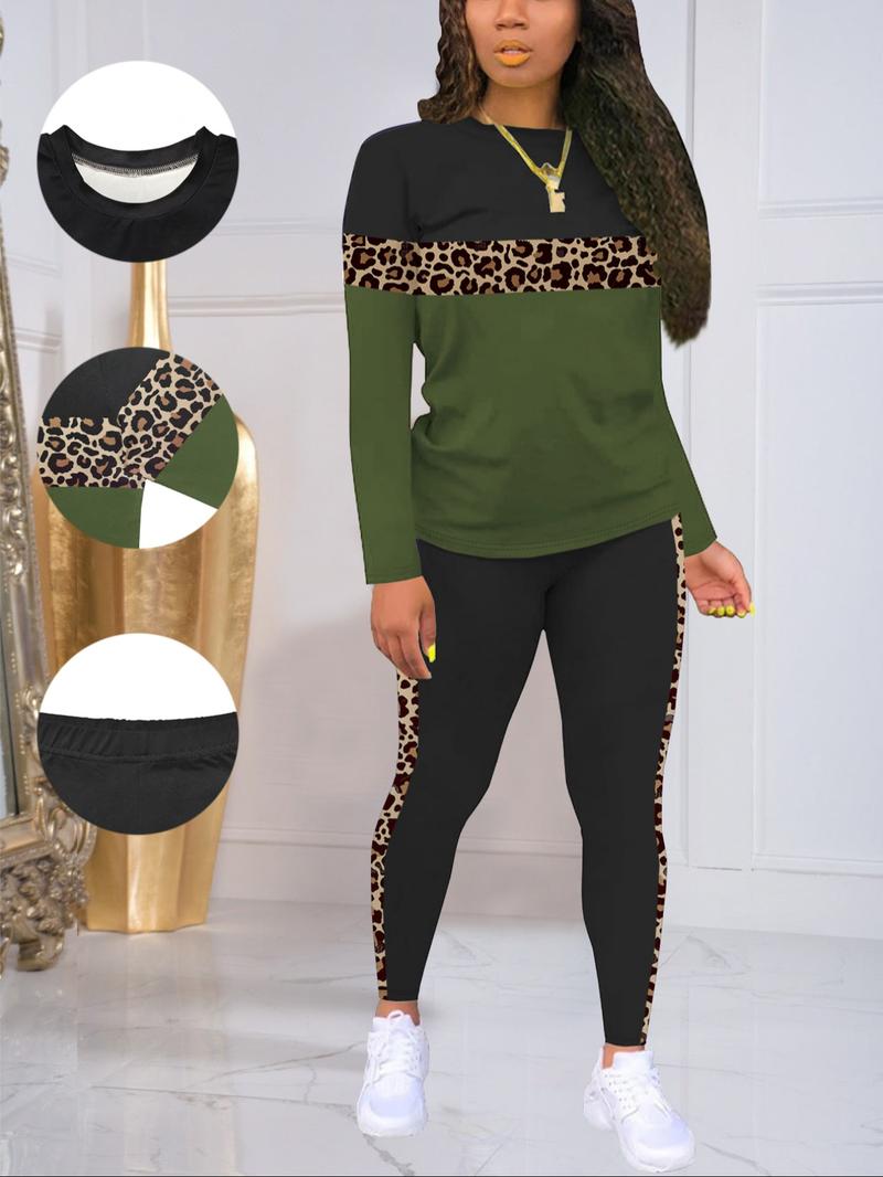 Women's Fall Winter Long Sleeve Pants Set, Leopard Patchwork Solid Color Casual, Home Party Leisure Wear, 2 Piece Set