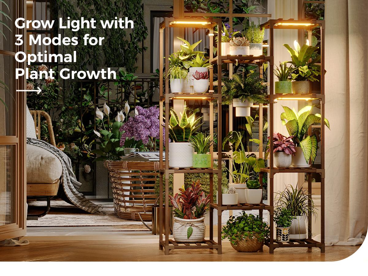 Bamworld Plant Shelf with Grow Light Plant Stand for Mutiple Pots Large Plant Holder for Living Room Patio Boho Home Decor for Gardening Warm Light