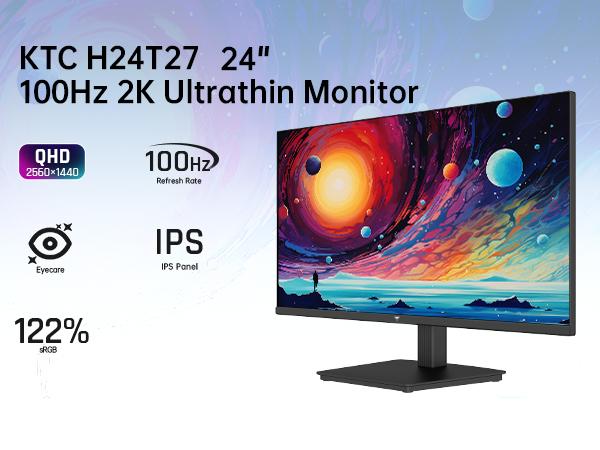 KTC 24" 2K QHD IPS 100Hz Computer Monitor, 2560*1440 1300:1 Contrast, HDR 10 Anti-Blue Light Screen, 122% sRGB, Adaptive Sync, HDMI2.0/DP/Earphone for Gaming and Office Working H24T27