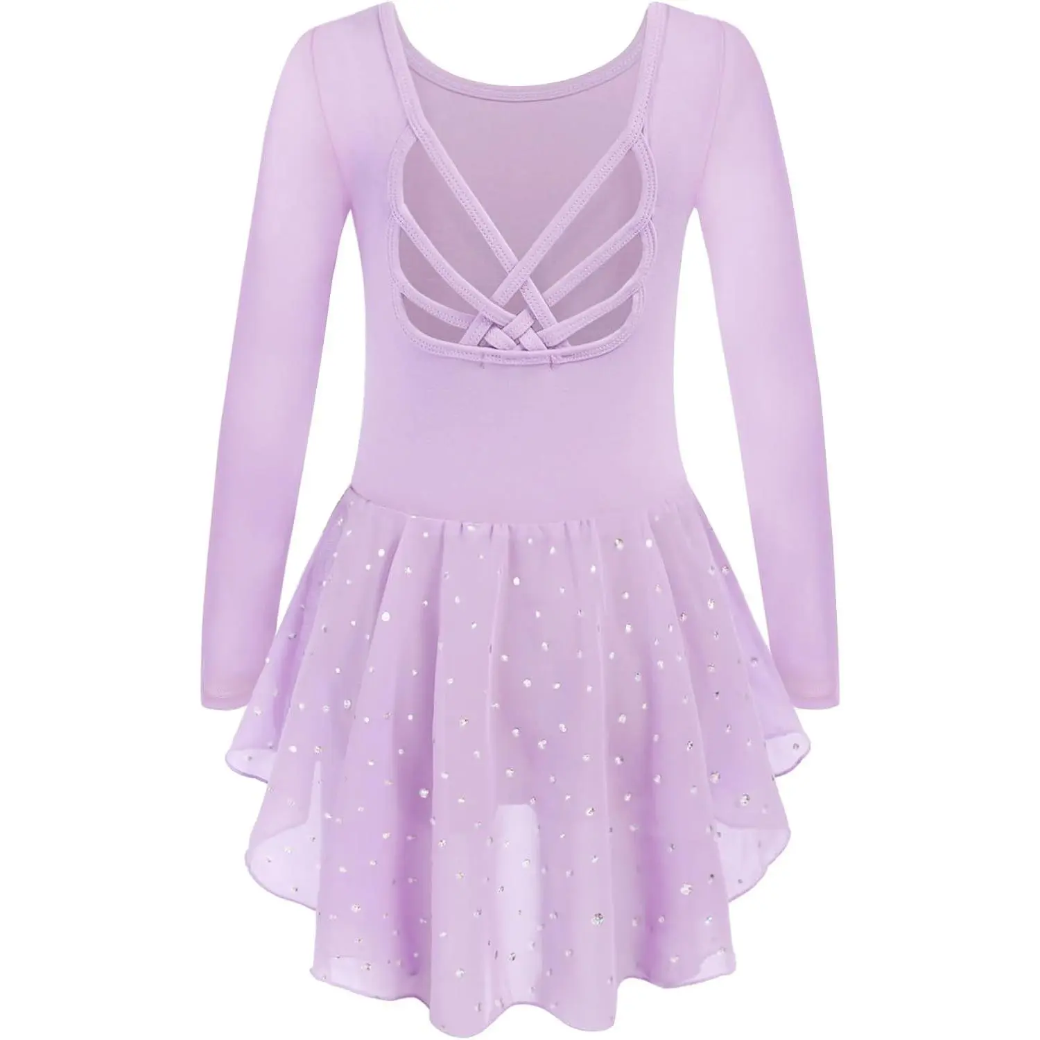 Girls Long Sleeve Ballet Leotards with Shinny Skirts Criss-Cross Back Dance Dresses
