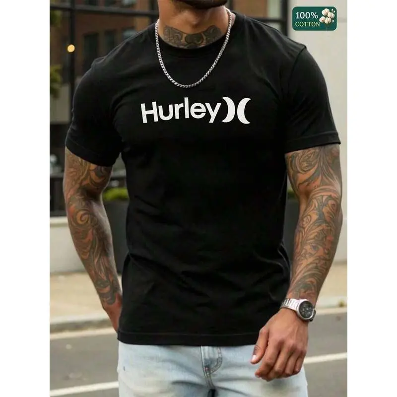 Men's Hurley Graphic T-Shirt - Navy Blue With White Logo Print, Vintage-Inspired Cotton Tee, Comfort & Fade-Resit Ink, For Beach Or Street Style-L88