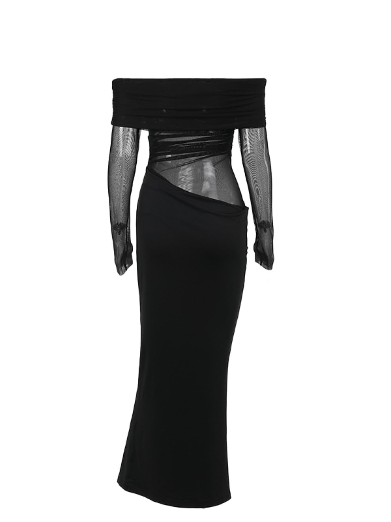 Women's Plain Off Shoulder Ruched Sheer Mesh Dress, 2025 Elegant Long Sleeve Long Dress for Party Banquet, Ladies Summer Clothes