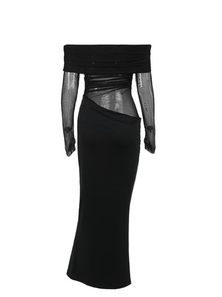 Women's Plain Off Shoulder Ruched Sheer Mesh Dress, 2025 Elegant Long Sleeve Long Dress for Party Banquet, Ladies Summer Clothes