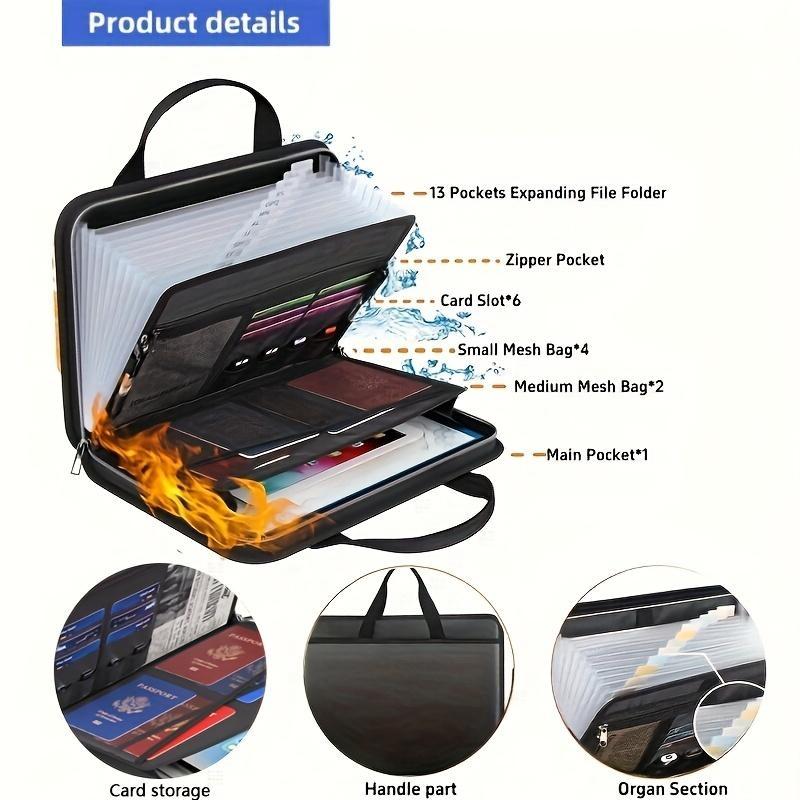 Fireproof Foldable File Folder with Handle, 13 Transparent Pockets, Zipper and Labels, Expandable Multi-Pocket Document Organizer