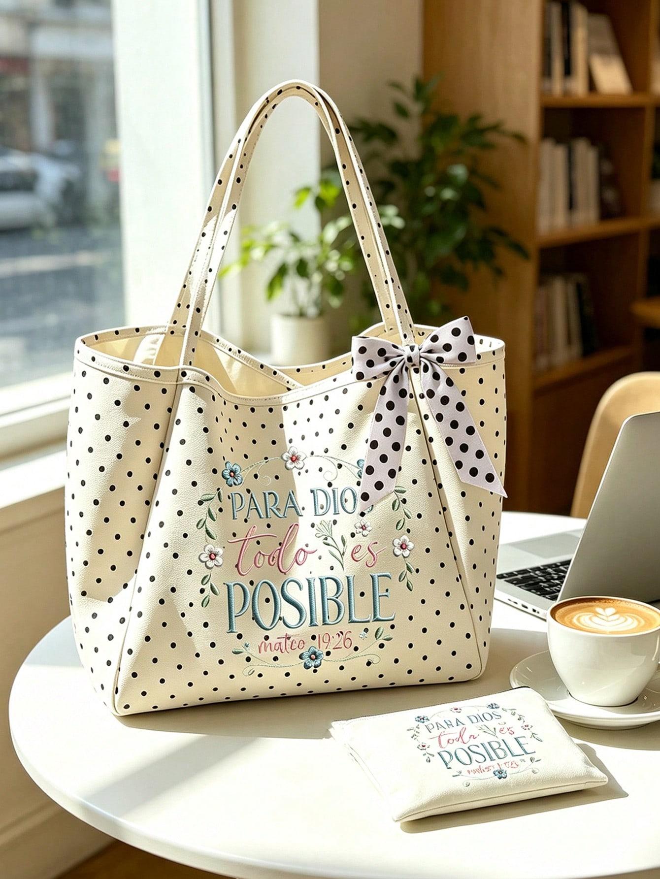 All For God Floral Polka Dot Tote Bag Set, White Dot Bow Faith Bible Shoulder Bag with Embroidered Wreath Makeup Pouch, Spanish Scripture Handbag for Church Travel Gift