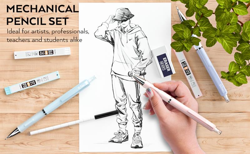 Nicpro 6Pack Pastel Mechanical Pencil 0.5 & 0.7 mm for School, with 12 tubes HB Lead Refills, 3 Erasers, 9 Eraser Refills, Blue & Pink & Violet Colors - with Case