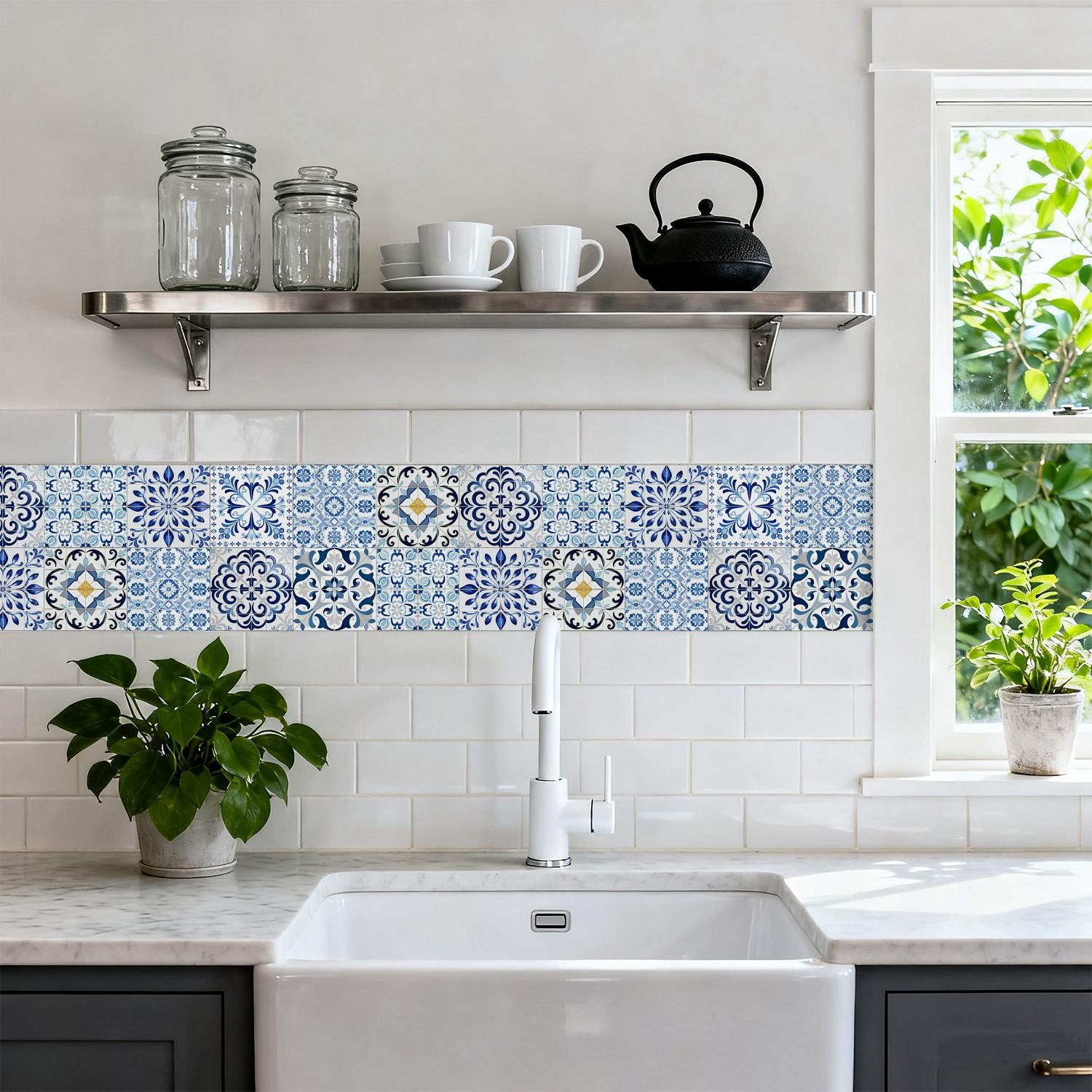 24PCS NHZ Blue Moroccan/Spanish Vintage Floral Tile Stickers, PVC Crystal Film with Mirror Gloss, Peel & Stick Removable No Residue, Easy to Clean Waterproof Wall Decals for Kitchen Bathroom Bedroom Office Indoor Decor