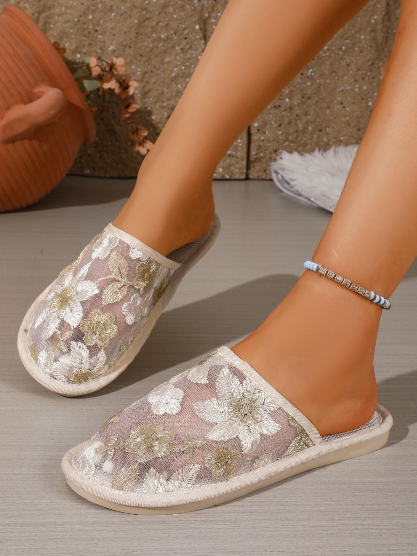 New Breathable Mesh Embroidered Flower Slippers, Soft Sole Anti-Slip Quiet Indoor Shoes, Lightweight Comfortable Home Footwear